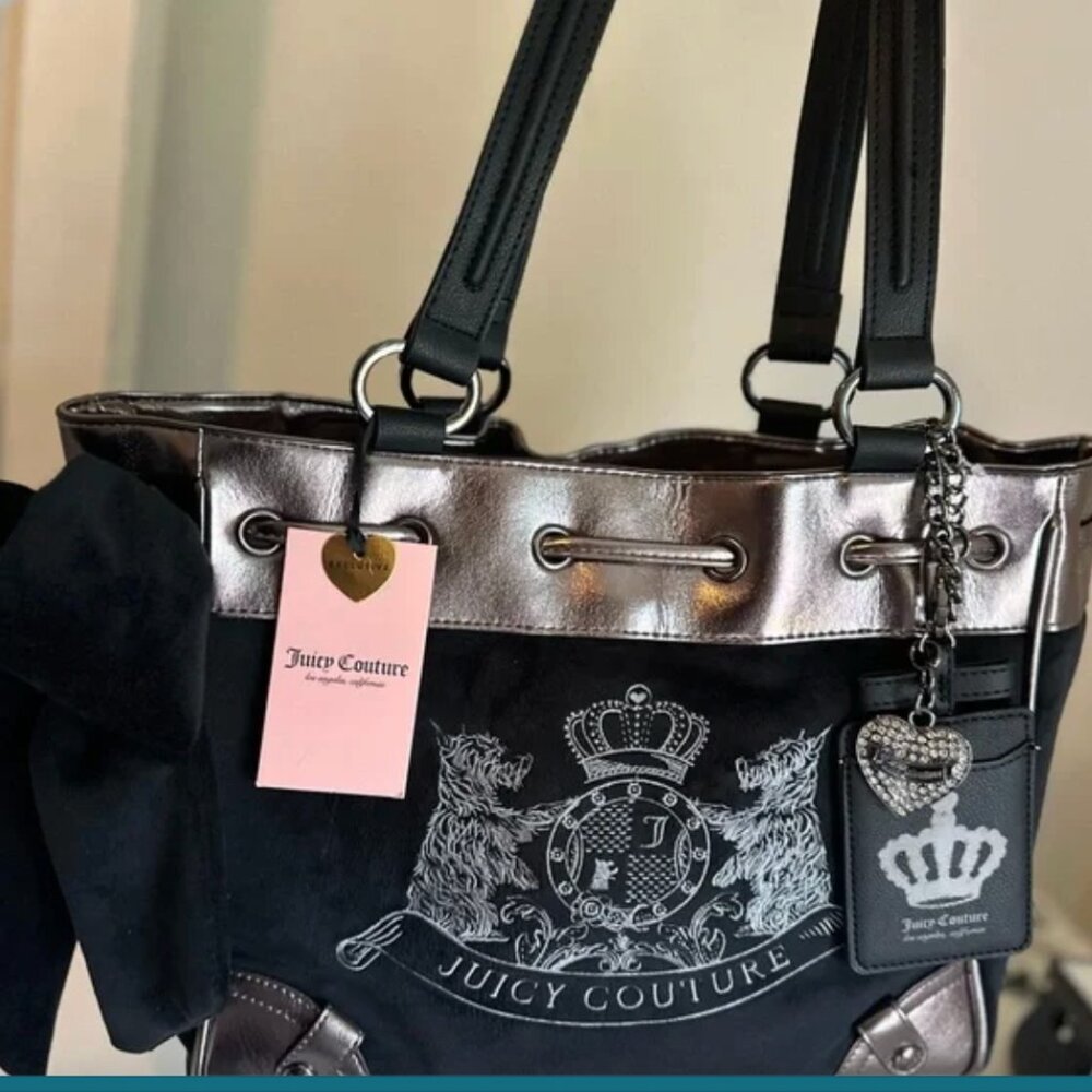 Juicy Couture Classic Scottie Dogs Tote Handbag Licorice Black Silver NWT - Picture 3 of 8
